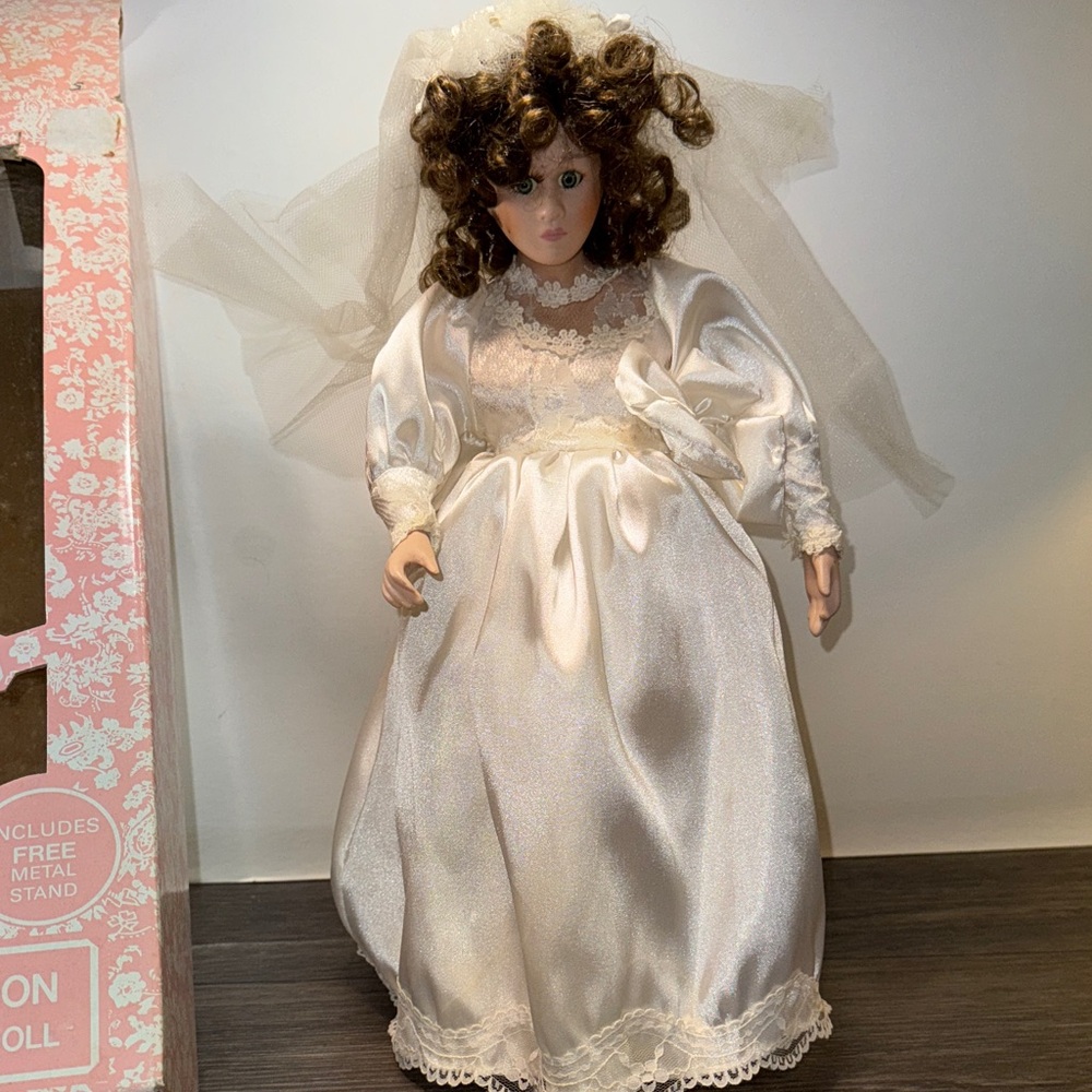 Vintage Elegant White Porcelain Doll with Lace Dress